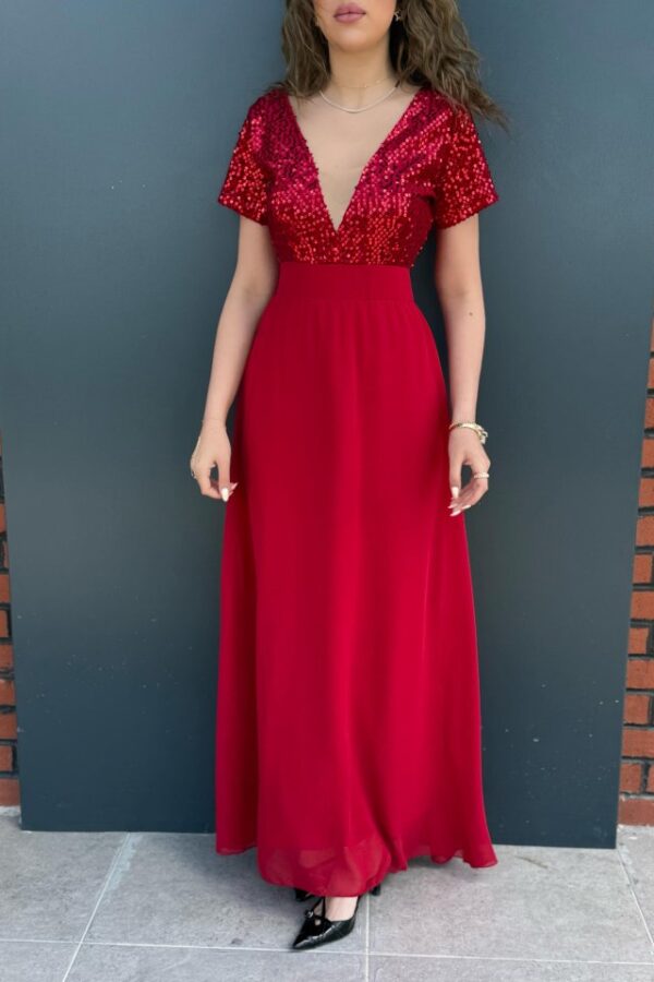 Kadın Kısa Kollu Derin V Yakalı A Kesim Pulpayet Detaylı şifon Nedime Elbisesi