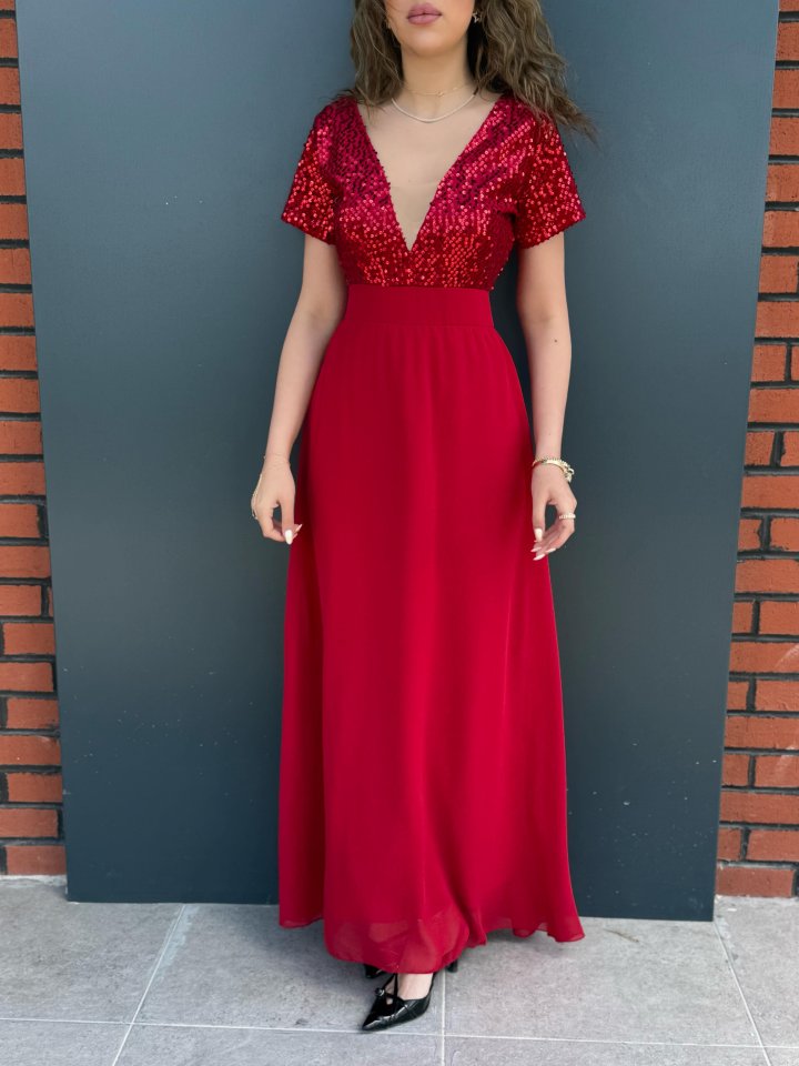 Kadın Kısa Kollu Derin V Yakalı A Kesim Pulpayet Detaylı şifon Nedime Elbisesi - Görsel 2