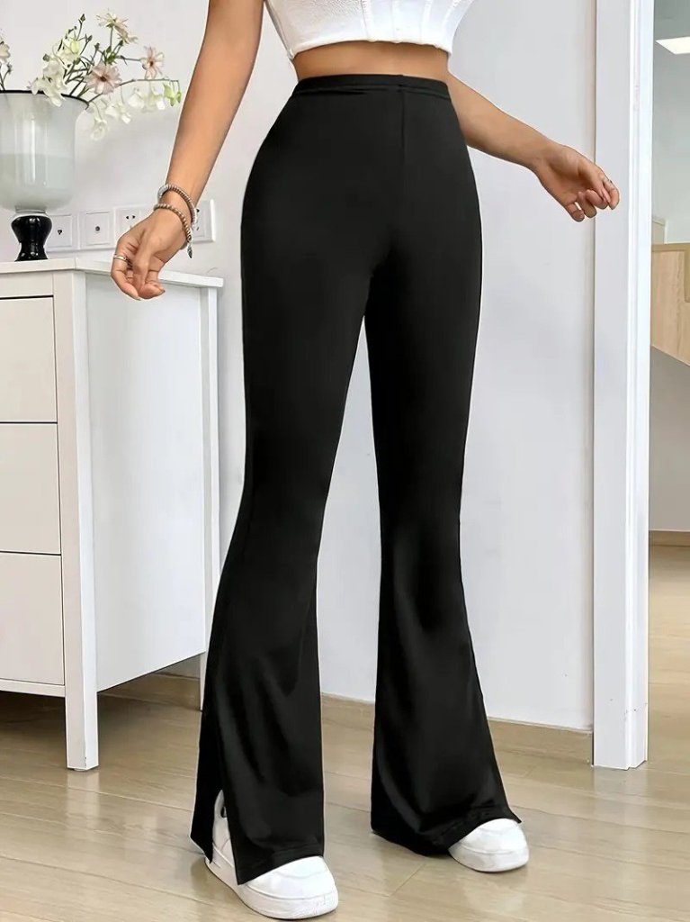 Kadın Yüksek Bel Paçaya Doğru Genişleyen Yandan Yırtmaçlı Dalgıç Pantolon - Görsel 3