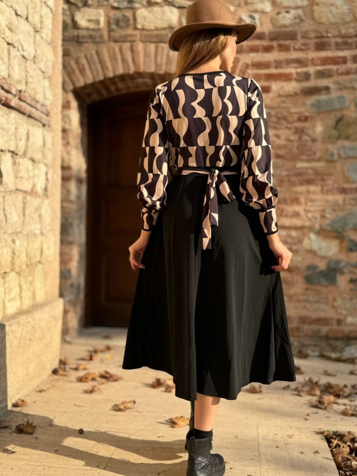 Kadın Uzun Kollu Kruvaze Yaka Dalgıç Krep Midi Boy Elbise - Görsel 6