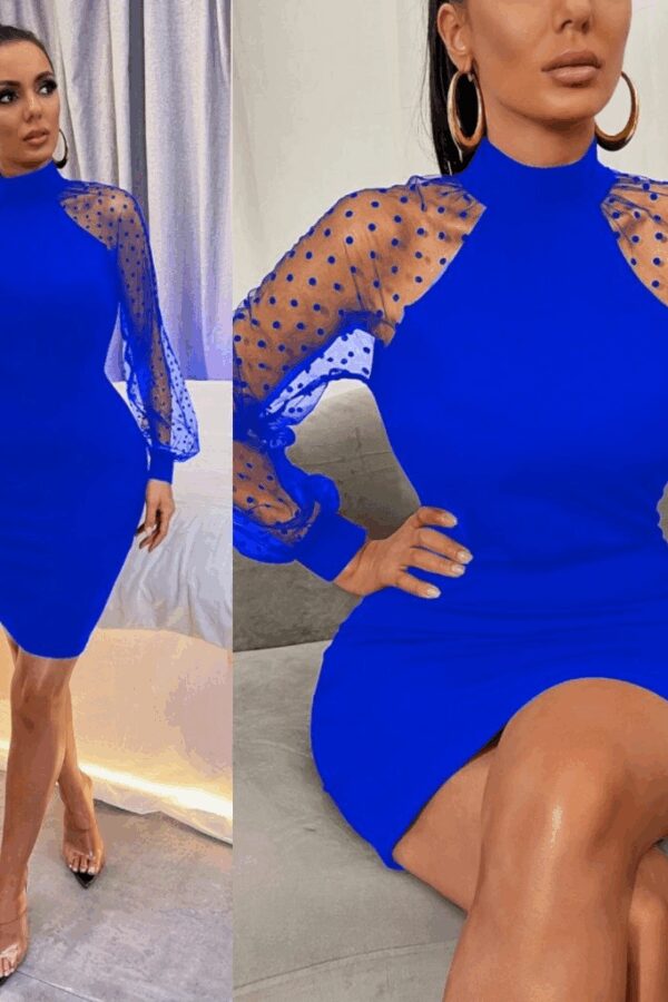 Kadın Uzun Kollu Kollar Tül Puantiye Detay Dalgıç Mini Boy Elbise