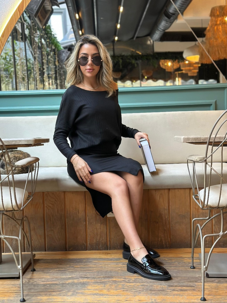 Kadın Uzun Kollu Düşük Omuz Yırtmaç Detay Kaşkorse Etek Bluz Ikili Takım - Görsel 11