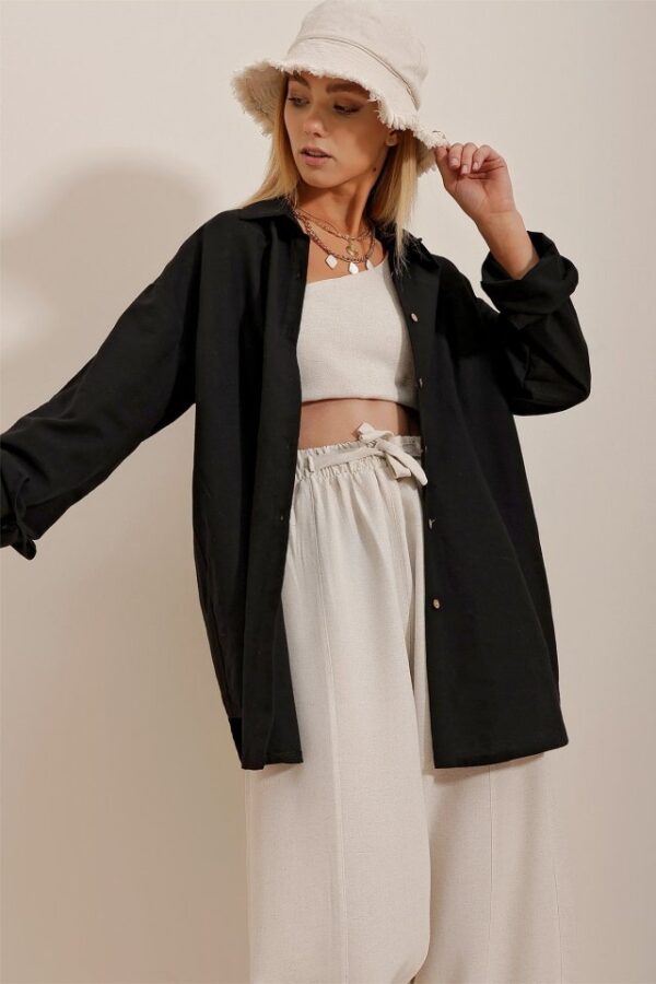 Kadın Keten Kumaş Oversize Gömlek