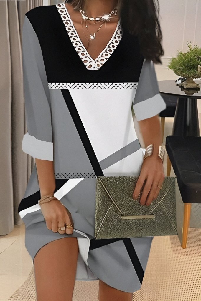 Kadın Fakir Kollu V Dantel Yaka Geometrik Desenli Dalgıç Elbise - Görsel 4