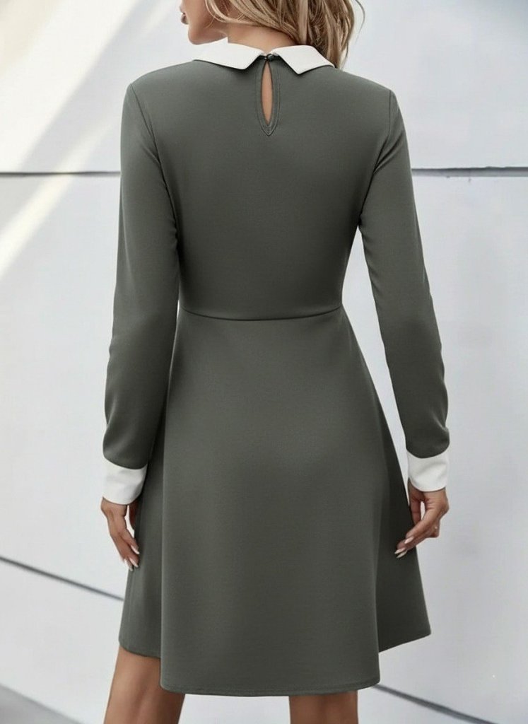 Kadın Uzun Kollu Yakalı Düğmeli Kısa Modal Mini Elbise - Görsel 9