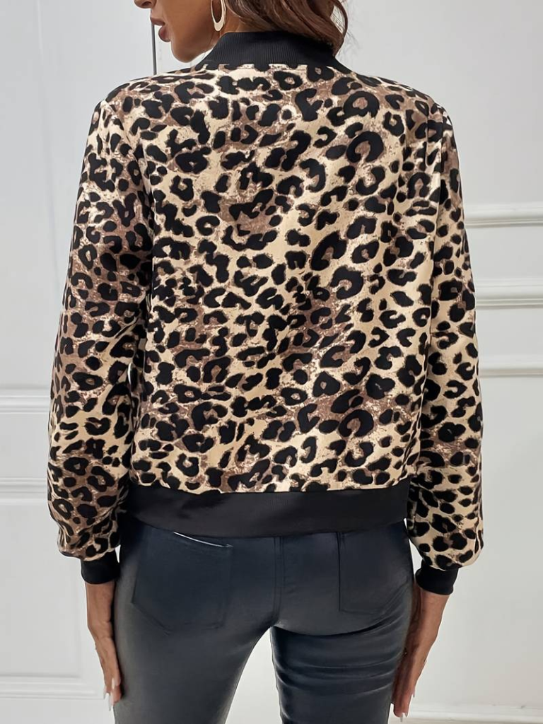 Kadın Uzun Kollu önden Fermuarlı Leopar Baskılı şardonlu Dalgıç Ceket - Görsel 4