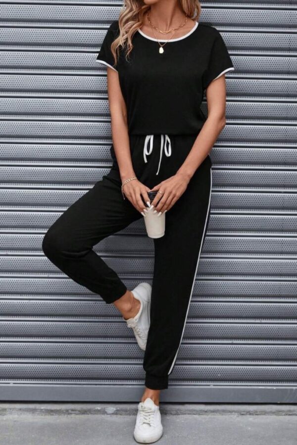 Kadın Kısa Kollu Kayık Yaka Viskon Iki Iplik Bluz Ve Bağcıklı Pantolon Ikili Takım