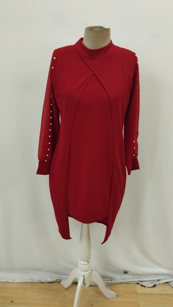 Kadın Uzun Kollu Yarı Balıkçı Yaka Tül Ve Inci Detaylı Kısa Ithal Krep Midi Elbise - Görsel 4