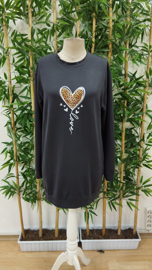 Kadın Uzun Kollu Bisiklet Yaka Kalp Desenli Kısa Viskon Elbise - Görsel 8