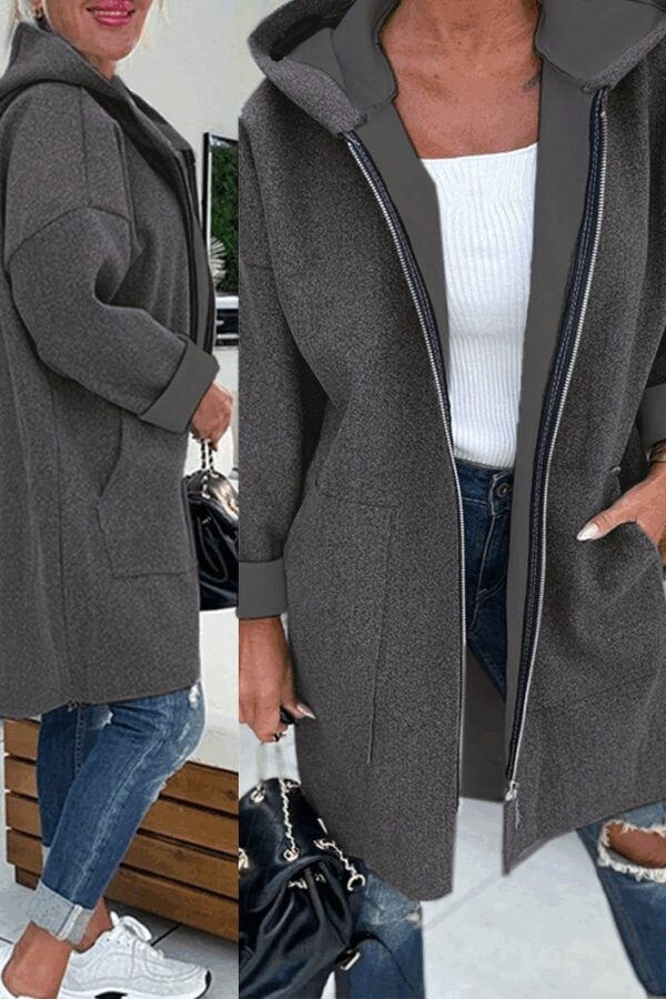 Kadın Uzun Kollu Kapşonlu Fermuar Detaylı Cepli Uzun üç Iplik Ceket