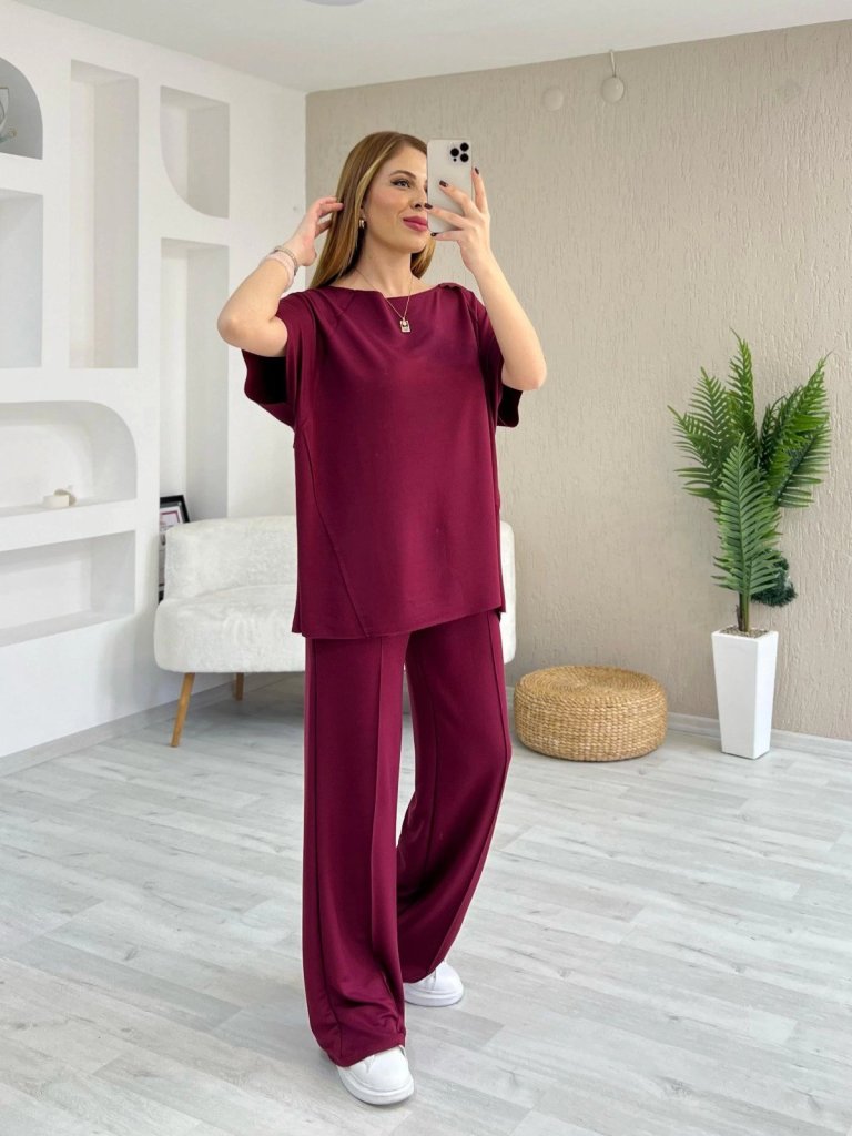 Kadın Kısa Kollu Kayık Yakalı Dikiş Izi Detaylı Viskon Iki Iplik Bluz Ve Pantolon Ikili Takım - Görsel 7