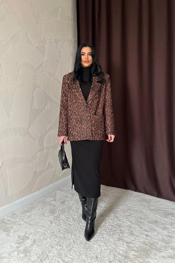 Leopar Yakası Kürk Garnili Desenli Ceket