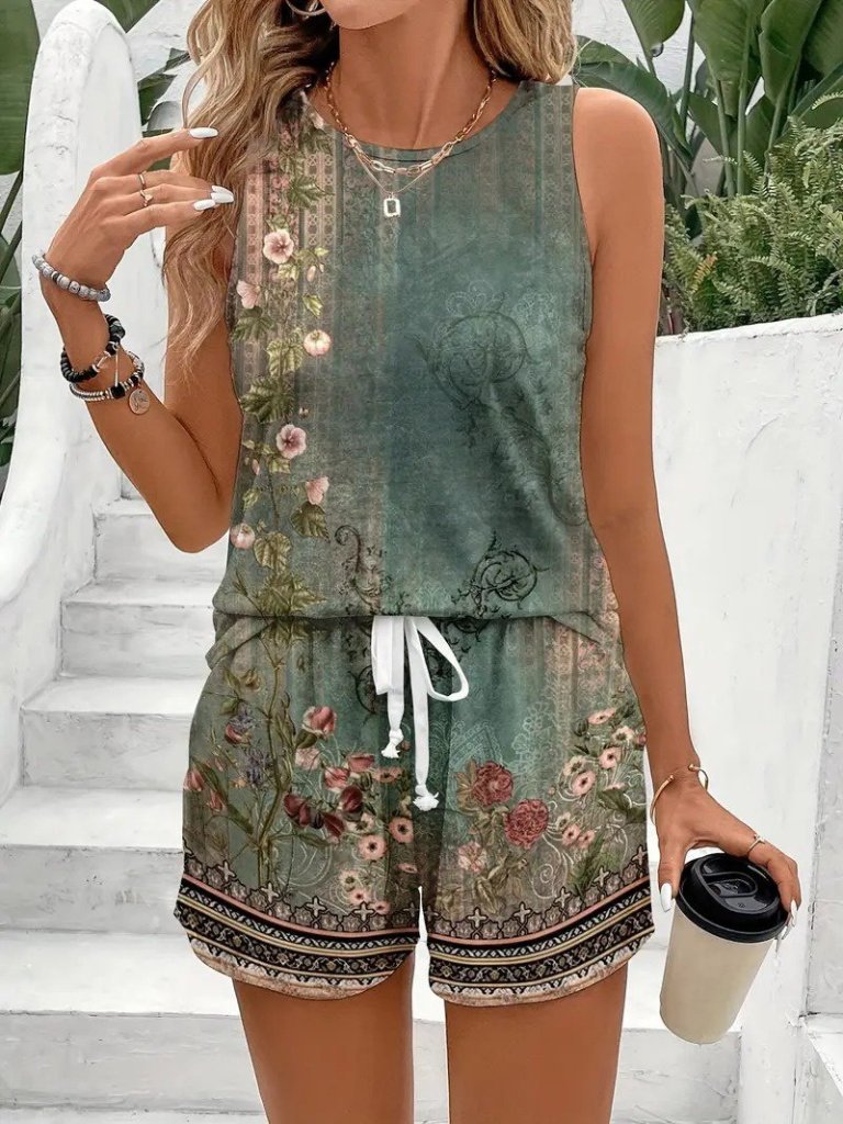 Kadın Askılı Yuvarlak Yaka çiçek Baskılı Süprme Bluz Ve Short Ikili Takım - Görsel 10