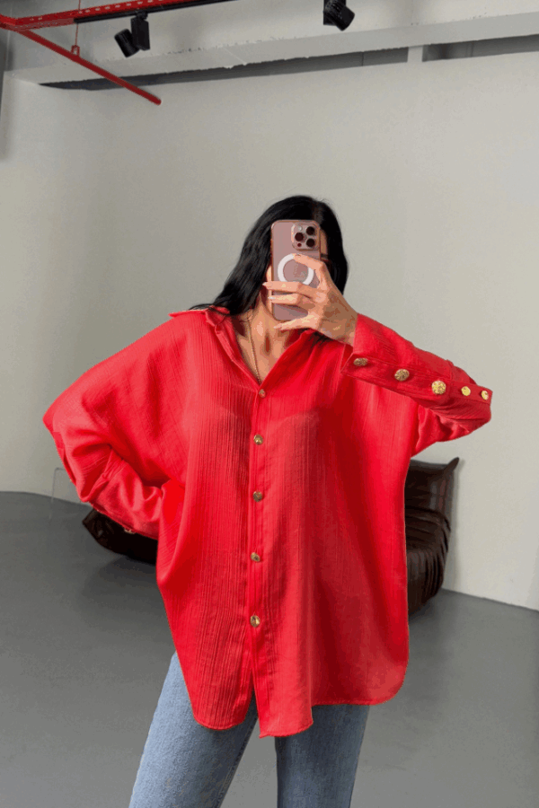 SATEN KRINKILL GÖMLEK MANŞET METAL DÜĞME SIRALI - Nar