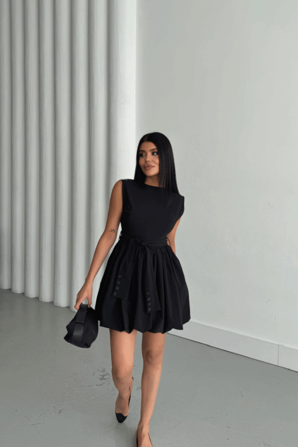 BALON ETEKLİ TASARIM KISA ELBİSE - Siyah