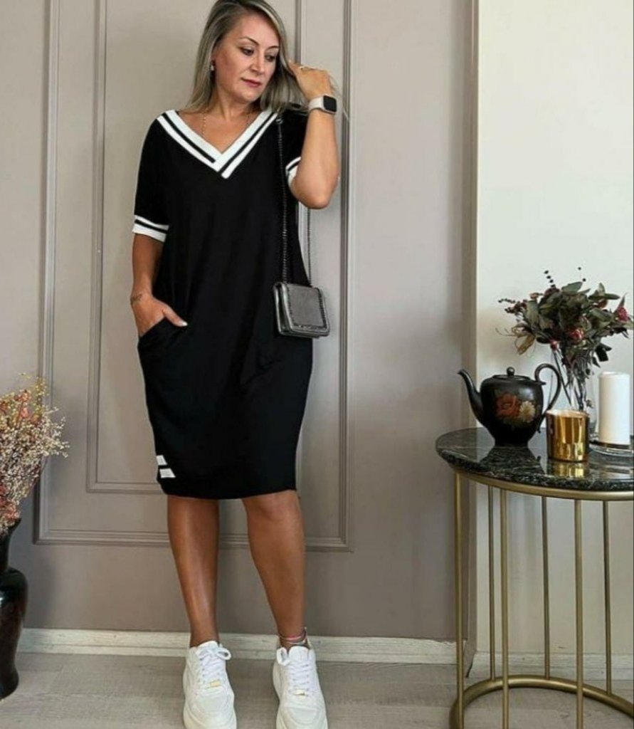 Kadın Kısa Kollu V Yaka Ribana Detaylı Cepli Dizüstü Viskon Elbise - Görsel 3