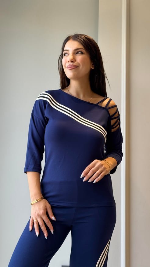 Kadın Uzun Kollu Truvakar Kol Tek Omuz çapraz şerit Detaylı Ribanalı Viskon Iki Iplik Bluz Ve Pantolon Ikili Takım - Görsel 12