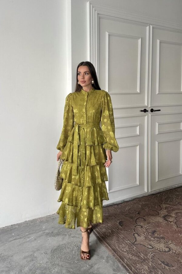 Bordo Valonlu Şeritli Kat Kat Elbise