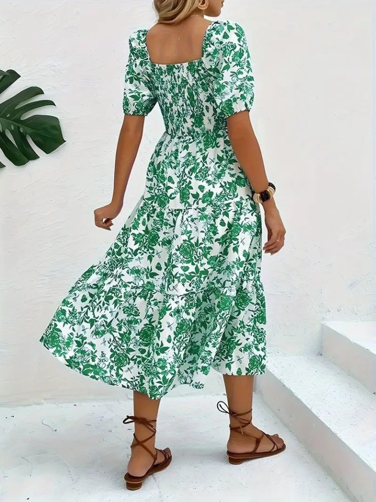 Kadın Kısa Kollu Kare Yakalı Lastikli Desenli Süprem Elbise - Görsel 12