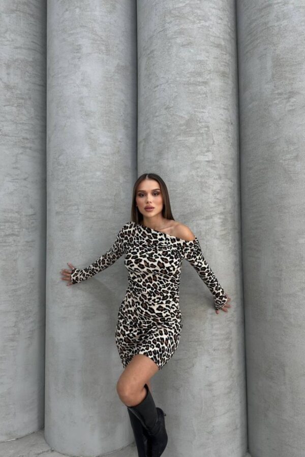 Kadın Uzun Kollu Leopar Desen Omuz Dekolteli Mini Elbise