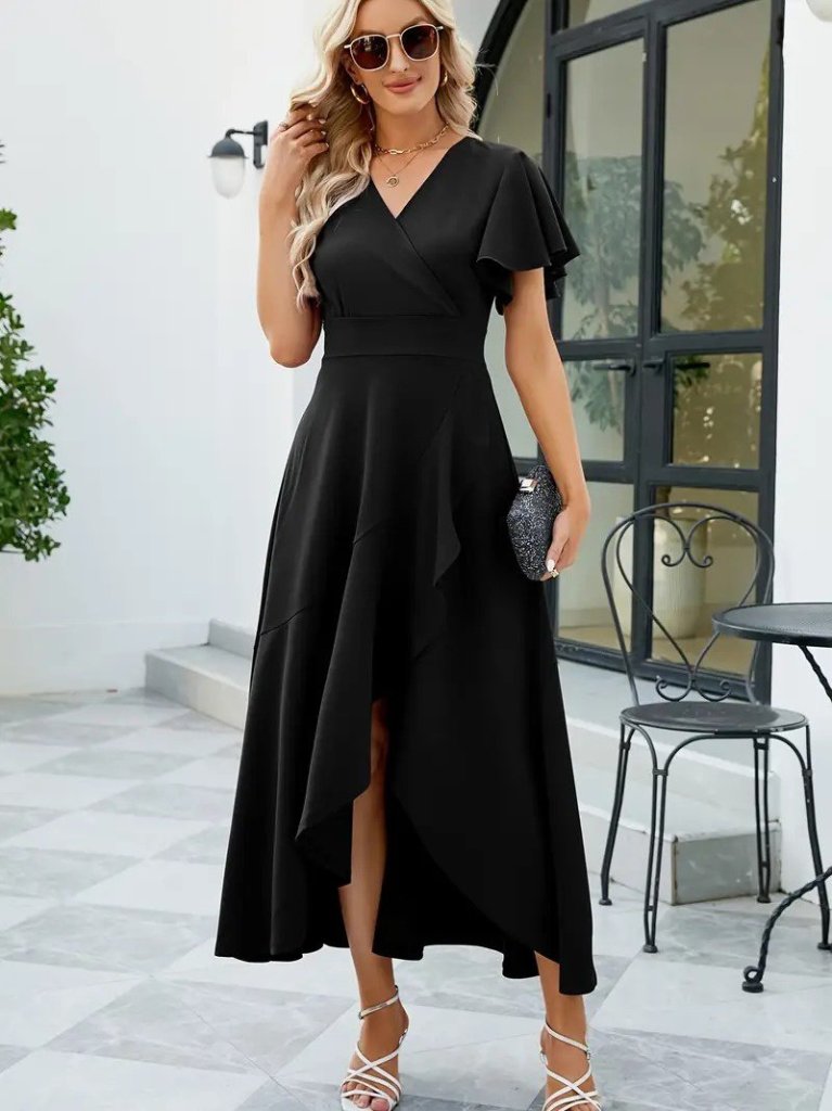 Kadın Kısa Kollu Kruvaze Yakalı önden Volanlı çapraz Kesim Detaylı Maksi Boy Ithal Krep Elbise - Görsel 2