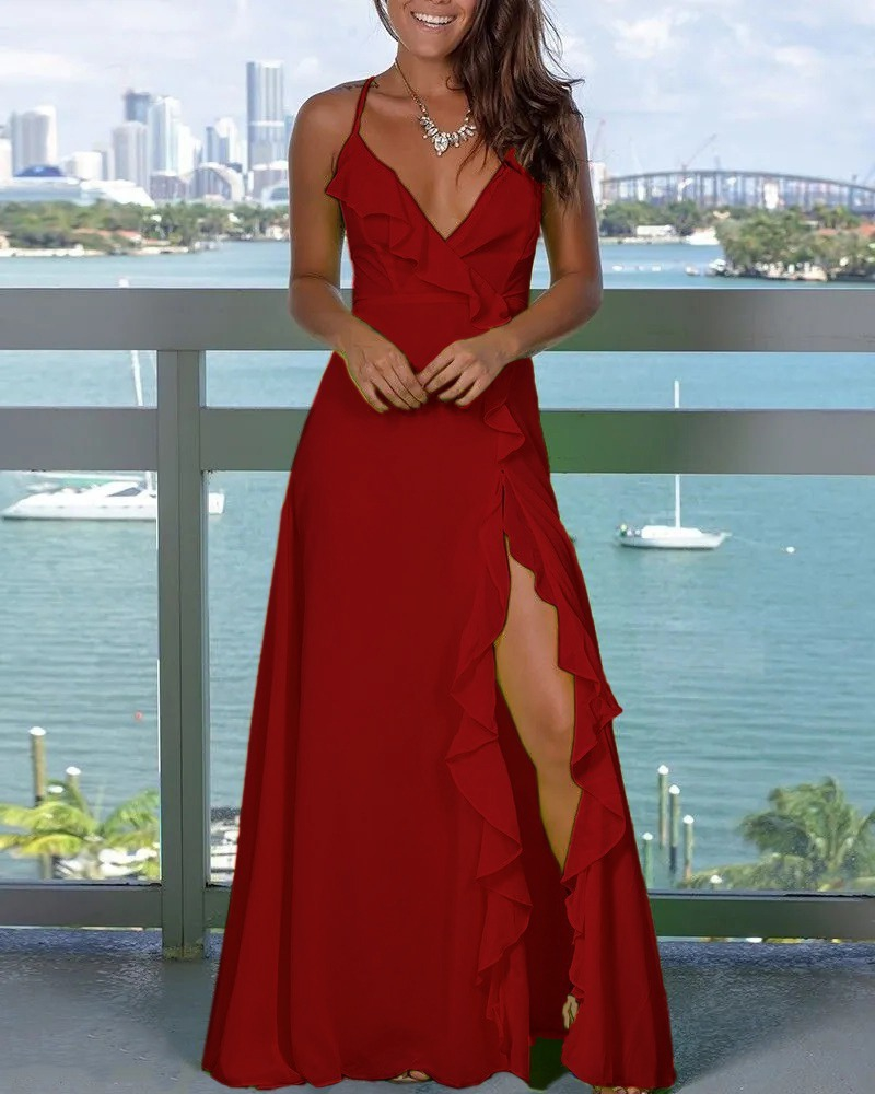 Kadın Ip Askılı Dekolteli Yırtmaç Detay Krep Elbise - Görsel 16