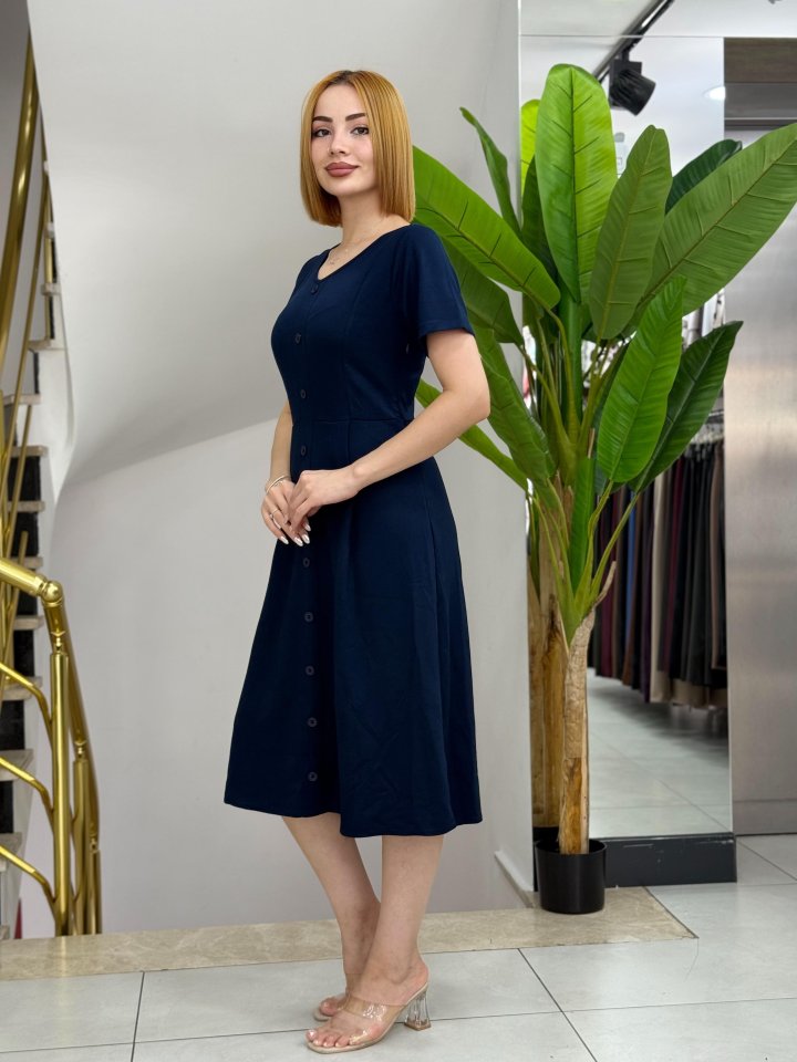 Kadın Kısa Kollu V Yakalı önden Düğmeli A Kesim Dokuma Elbise - Görsel 2