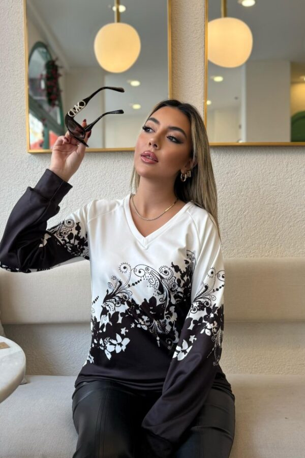 Kadın Uzun Kollu V Yakalı çiçek Baskılı şardonlu Dalgıç Bluz