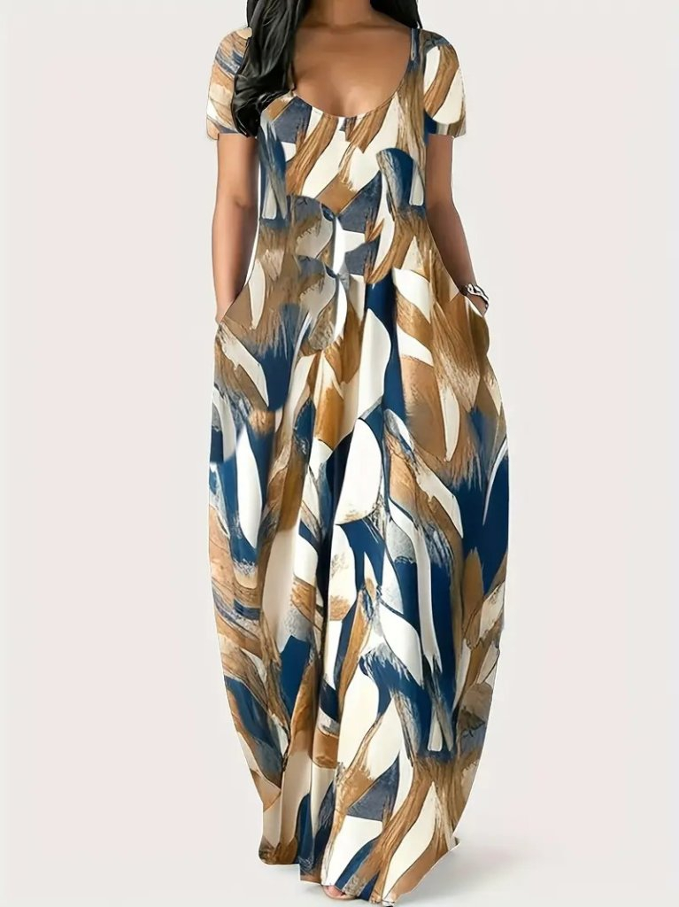 Kadın Kısa Kollu Yuvarlak Yaka Cepli Salaş Baskılı Süprem Elbise - Görsel 8