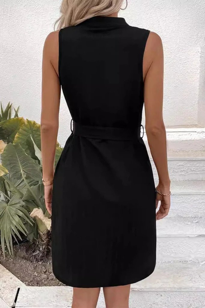 Kadın Sıfır Kollu Hakim Yaka önden Düğmeli Belden Kuşaklı Ithal Keten Elbise - Görsel 3