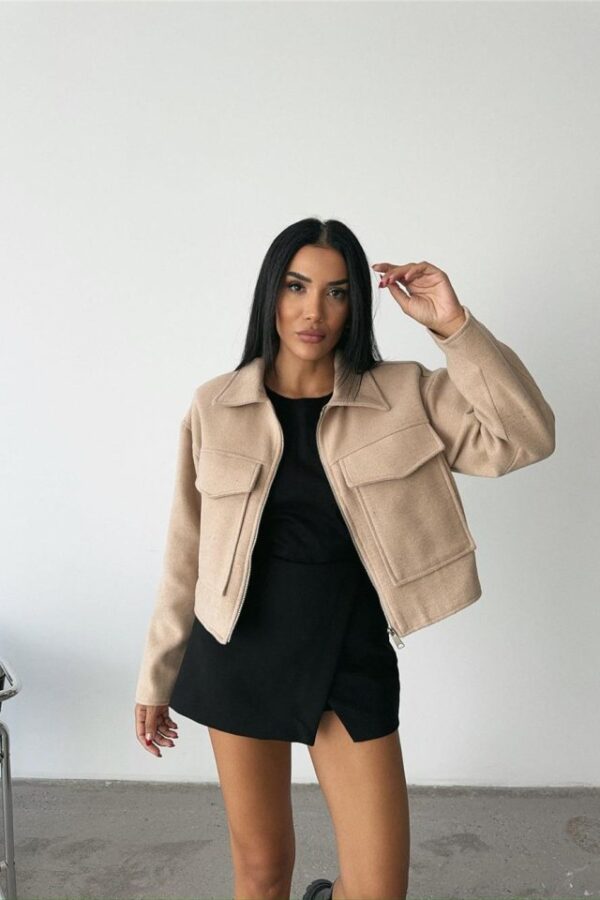 KAŞE CROP CEKET ÖNDEN FERMUARLI - Bej