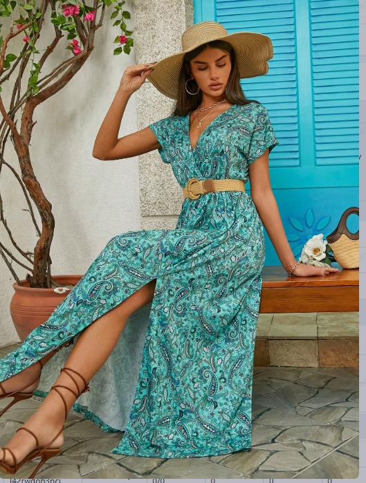 Kadın Kısa Kollu V Yaka Etnik Desenli Yırtmaç Detay Süprem Elbise (kemersiz) - Görsel 5