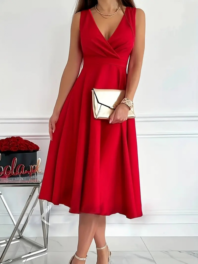 Kadın Ithal Krep Kumaş Kruvaze Yaka Eteği Kloş Kolsuz Mini Elbise - Görsel 6