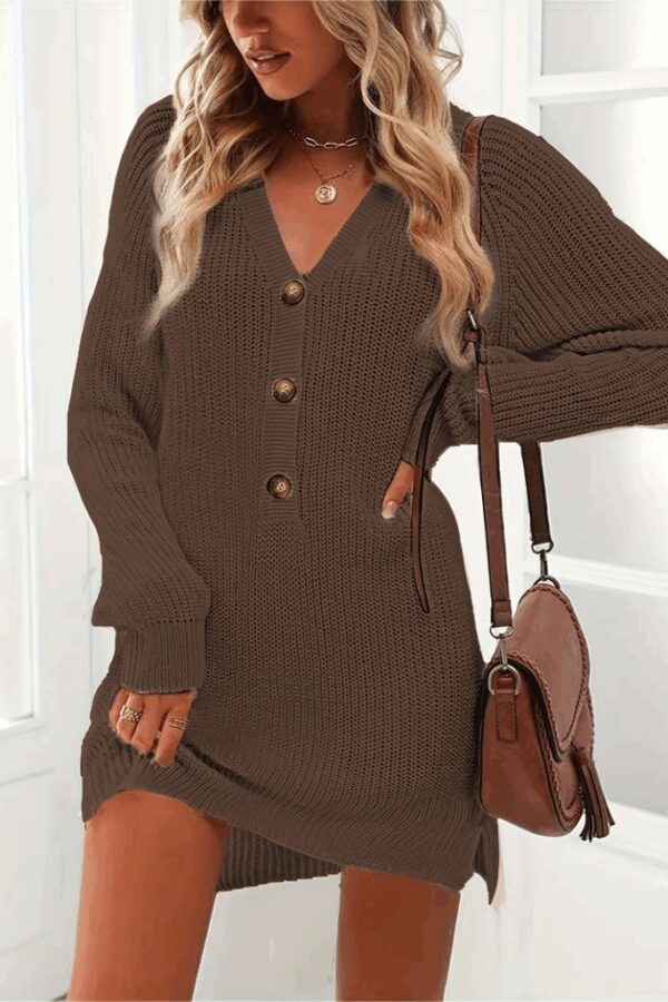 Kadın Uzun Kollu V Yakalı önden Düğmeli Kısa Triko Elbise