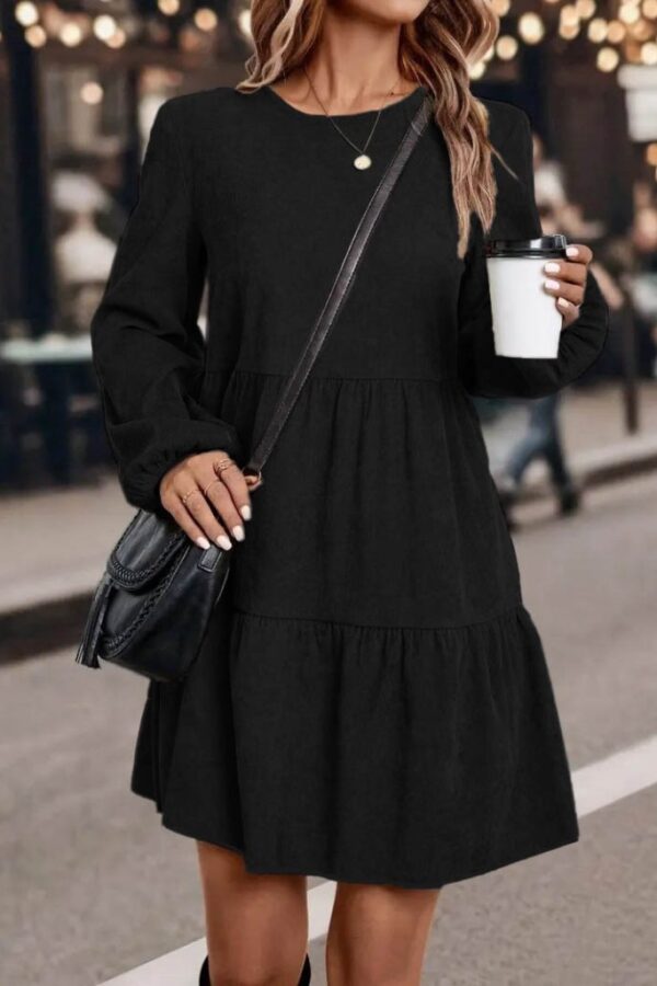 Kadın Uzun Kollu Kol Ucu Lastikli Süet Mini Boy Elbise