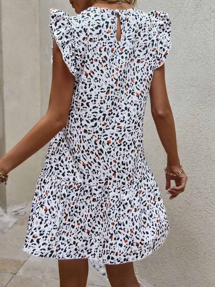 Kadın Kısa Kollu Bisiklet Yaka Etek Ucu Volanlı Kısa Dokuma Elbise - Görsel 3