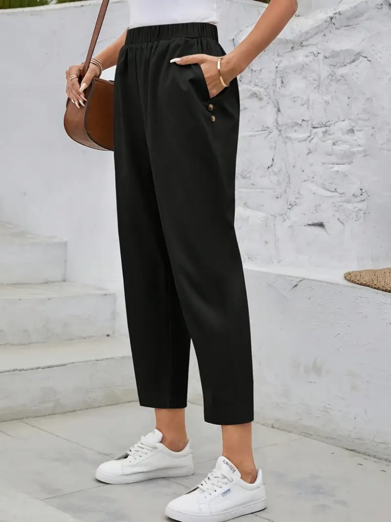 Kadın Yüksek Bel Yandan Cepli Düğme Detaylı Geniş Kesim Ithal Krep Pantolon - Görsel 13