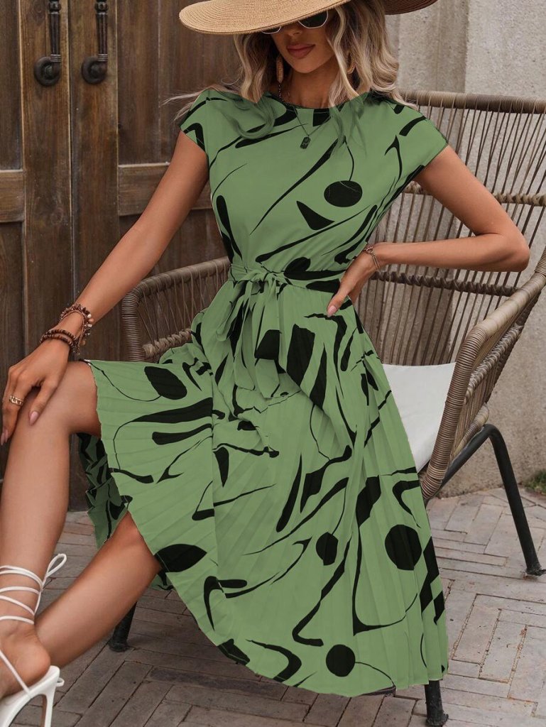 Kadın Kısa Yarasa Kollu Yuvarlak Yaka Beli Büzgülü Süprem Elbise - Görsel 7