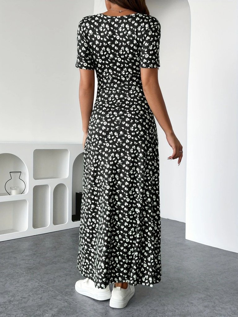 Kadın Kısa Kollu Kruvaze Yakalı çiçek Desenli Süprem Elbise - Görsel 8