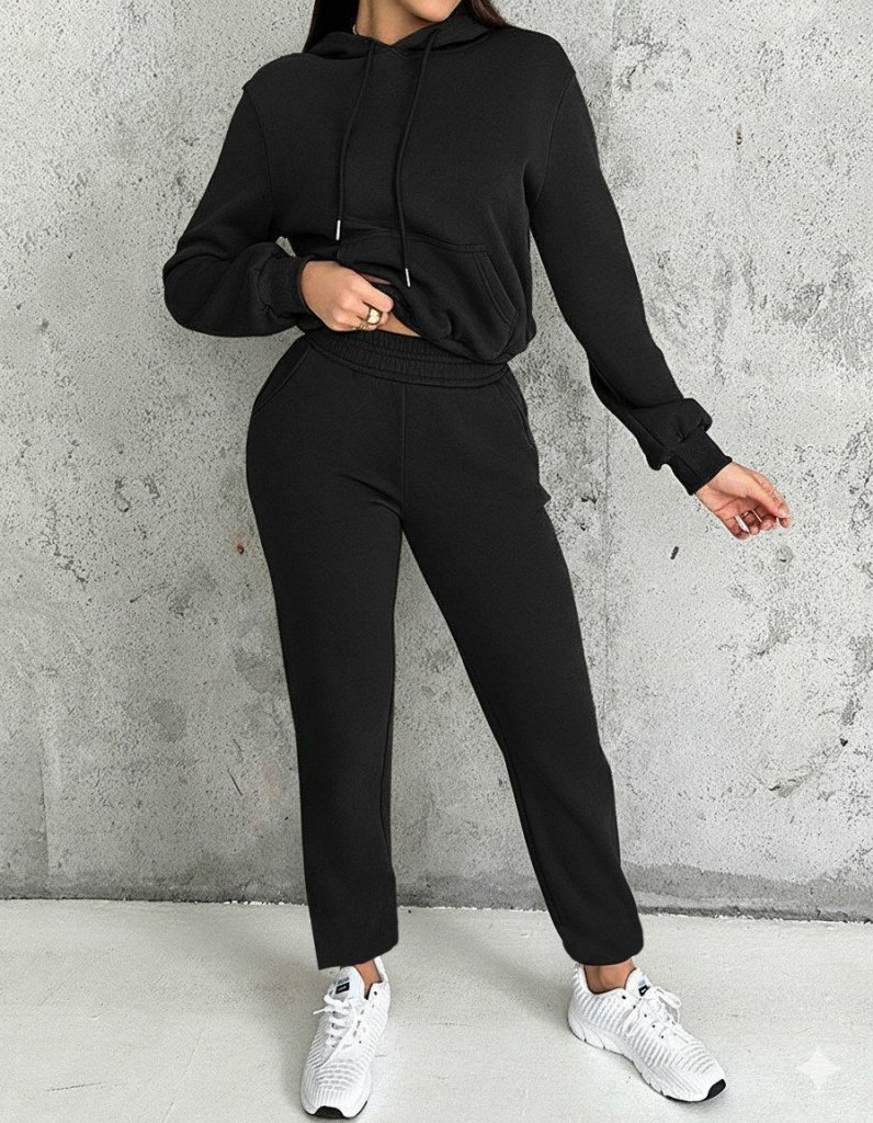 Kadın Uzun Kollu Kapşonlu Bağcıklı üç Iplik Bluz Ve Pantolon Ikili Takım - Görsel 2