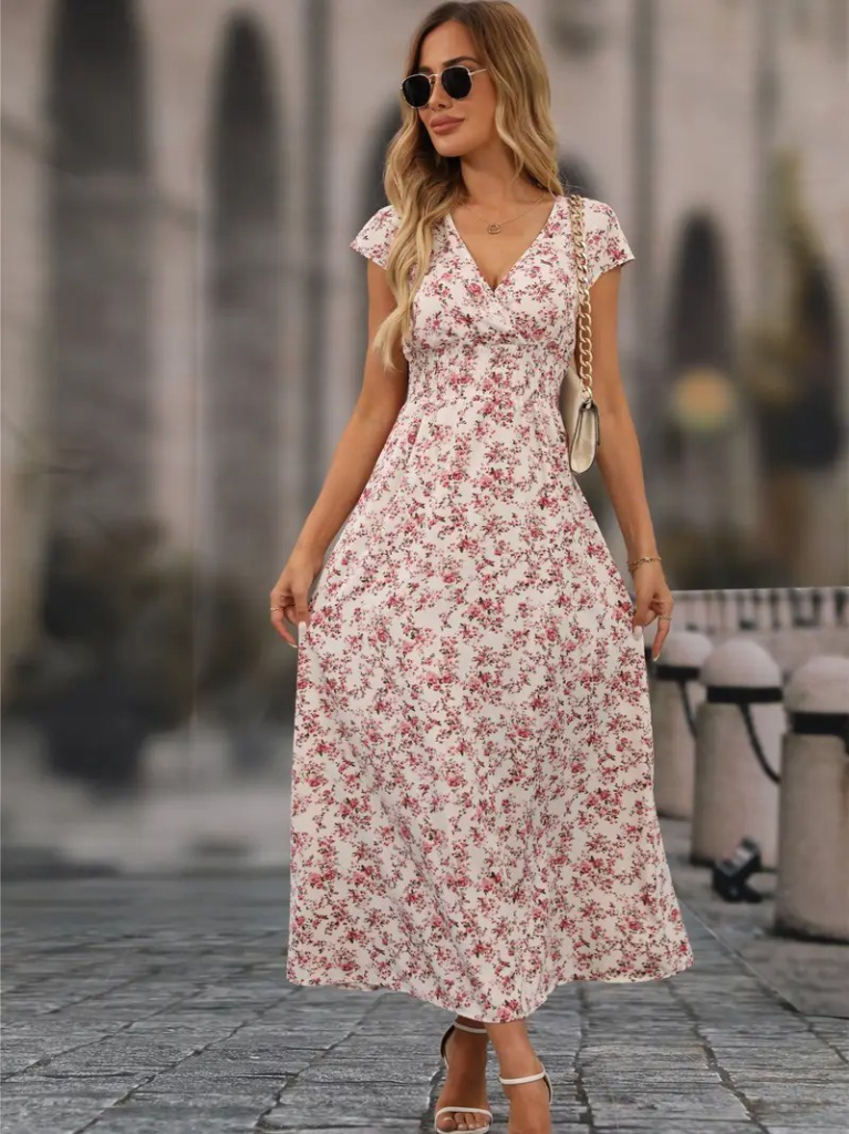 Kadın Kısa Kollu Kruvaze Yakalı çiçek Desenli Belden Lastikli Süprem Uzun Elbise - Görsel 15