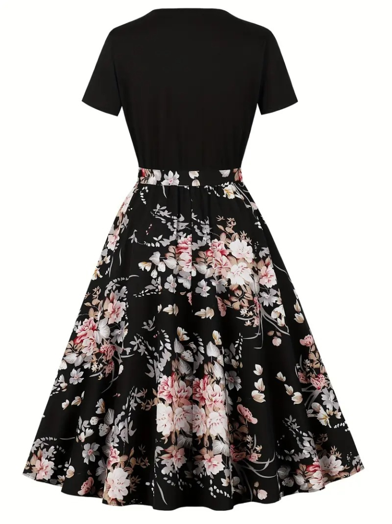 Kadın Kısa Kollu Bisiklet Yaka çiçek Desenli üst Viskon Alt Süprem Kısa Elbise - Görsel 4