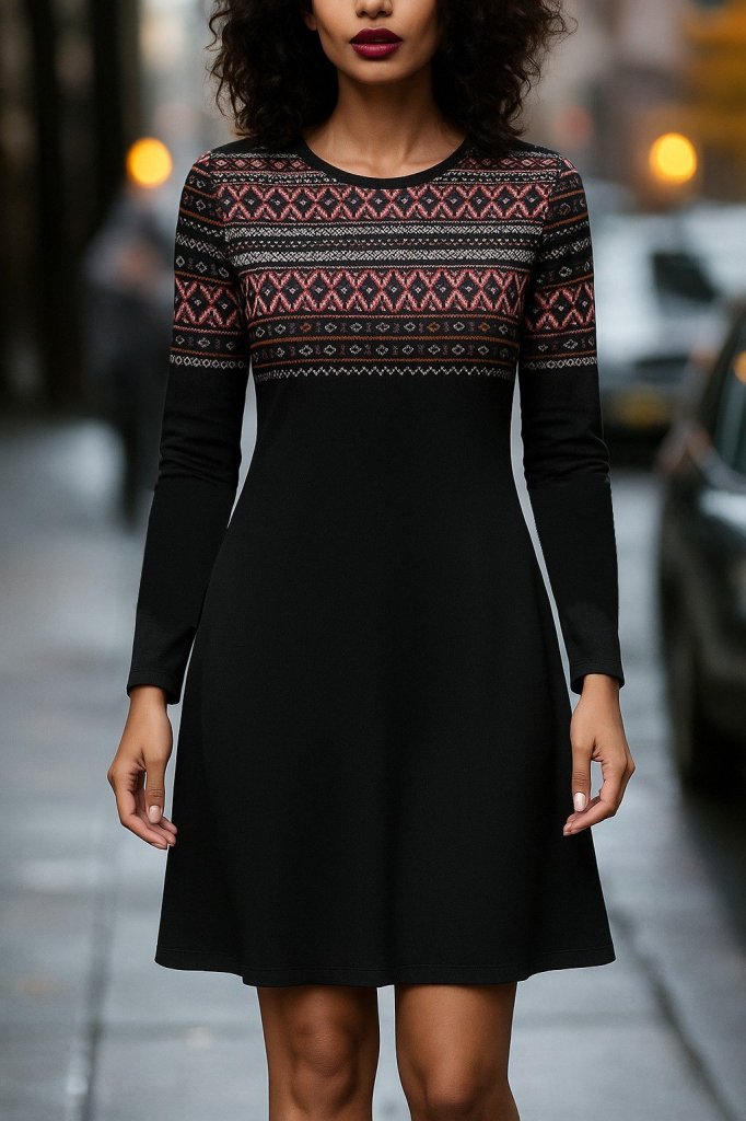 Kadın Uzun Kollu Bisiklet Yaka Etnik Desenli Kısa şardonlu Dalgıç Elbise - Görsel 6