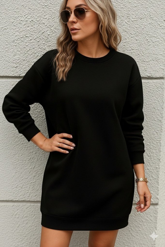 Kadın Uzun Kollu Bisiklet Yaka Iki Iplik Elbise - Görsel 3