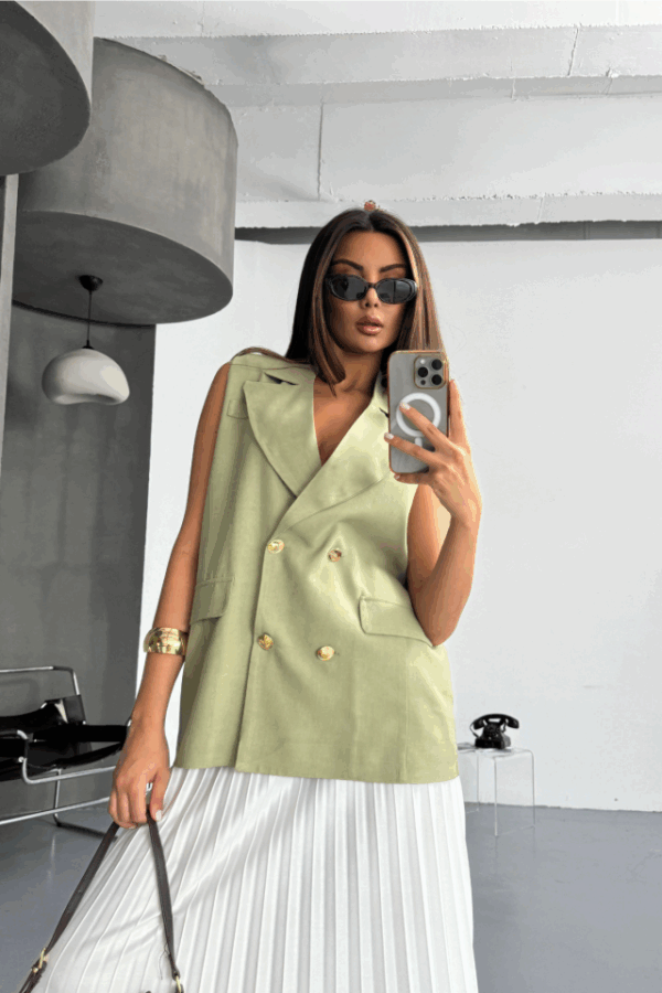 GOLD DÜĞMELİ KETEN YELEK - Yeşil