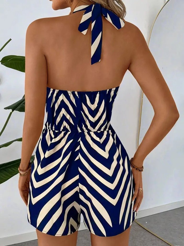 Kadın Boyundan Askılı Halter Yakalı Desenli Süprem Tulum - Görsel 9