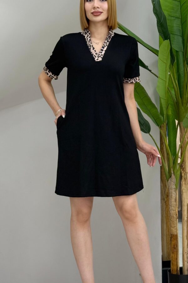 Kadın Kısa Kollu V Yakalı Leopar Desen Detaylı Modal Elbise