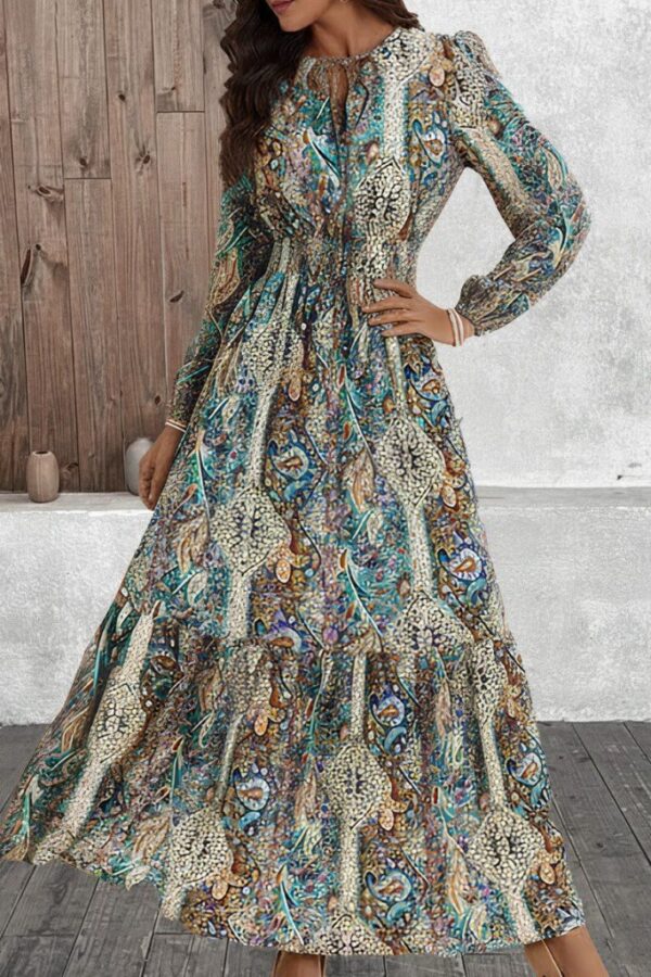 Kadın Uzun Kollu Uakadabağcıklı Beli Lastikli Desenli Uzun Süprem Elbise