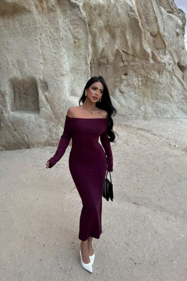 Kadın Uzun Kollu Madonna Yaka Midi Boy Elbise