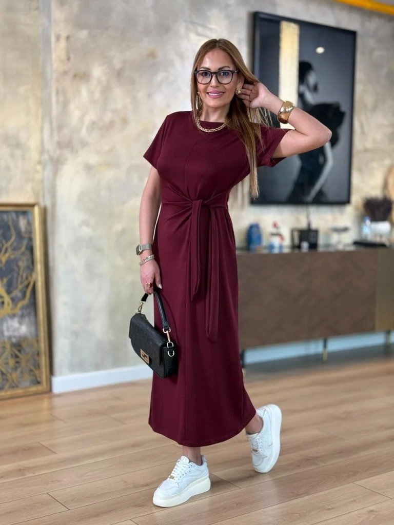 Kadın Kısa Kollu Bisiklet Yaka Yandan Bağlamalı Viskon Iki Iplik Elbise - Görsel 5